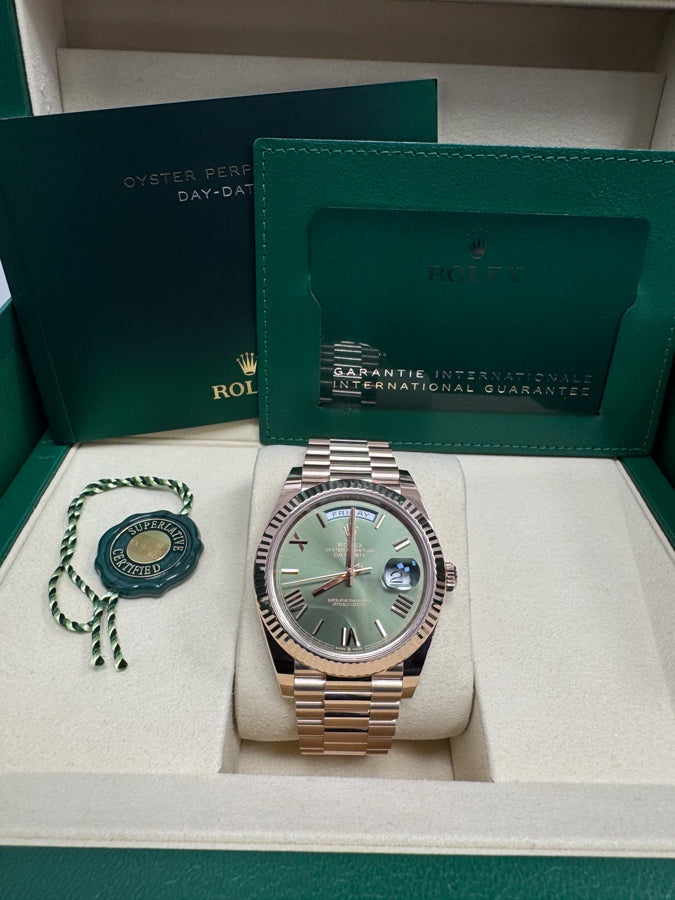Rolex Day-Date "President" 40mm Everose Gold Olive Green Roman Dial - 228235