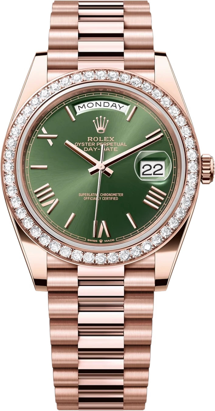 Rolex Day-Date "President" 40mm Everose Gold Olive Green Roman Dial Diamond