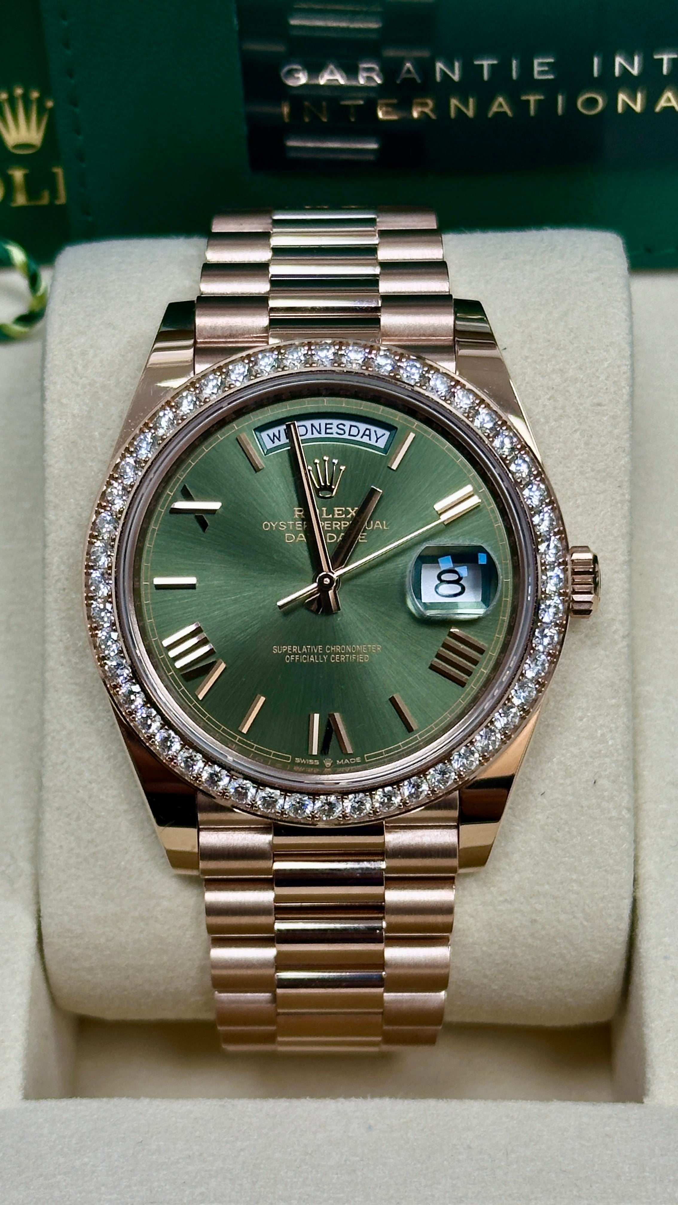Rolex Day-Date "President" 40mm Everose Gold Olive Green Roman Dial Diamond