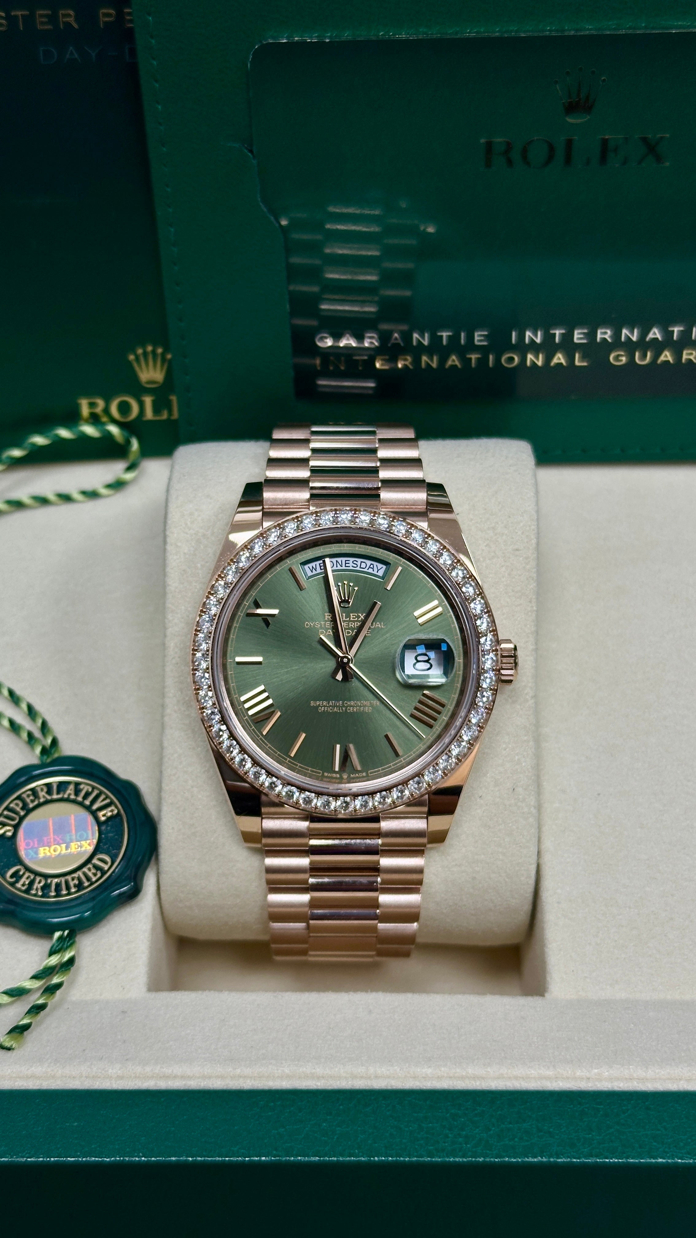 Rolex Day-Date "President" 40mm Everose Gold Olive Green Roman Dial Diamond