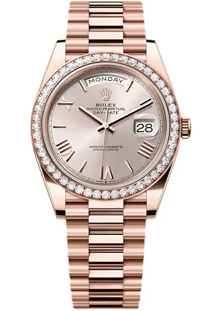 Rolex Day-Date "President" 40mm Everose Gold Sundust Roman Dial Diamond Bezel –