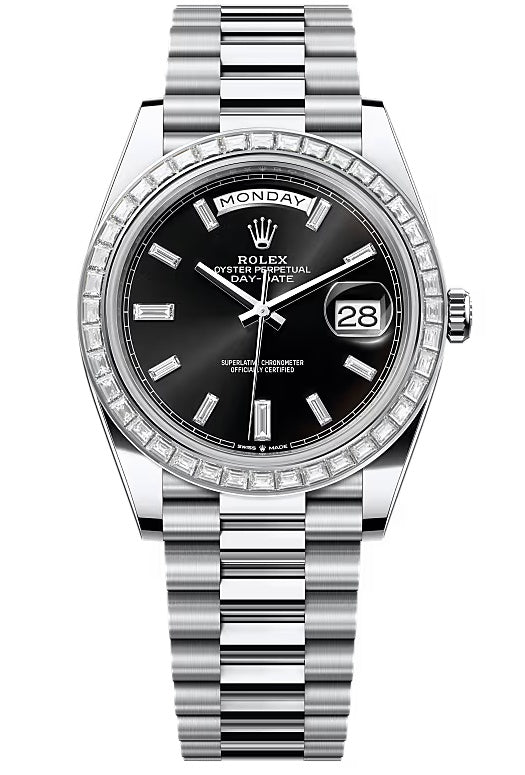 Rolex Day-Date "President" 40mm Platinum Black Diamond Baguette Dial Trapeze