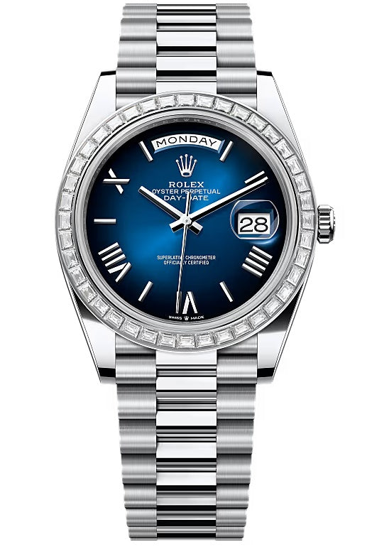 Rolex Day-Date "President" 40mm Platinum Blue Roman Ombre Dial Trapeze Diamond