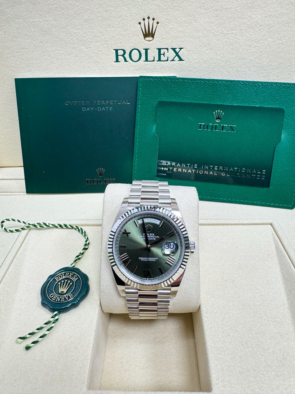 Rolex Day-Date "President" 40mm Platinum Green Olive Roman Dial - 228236