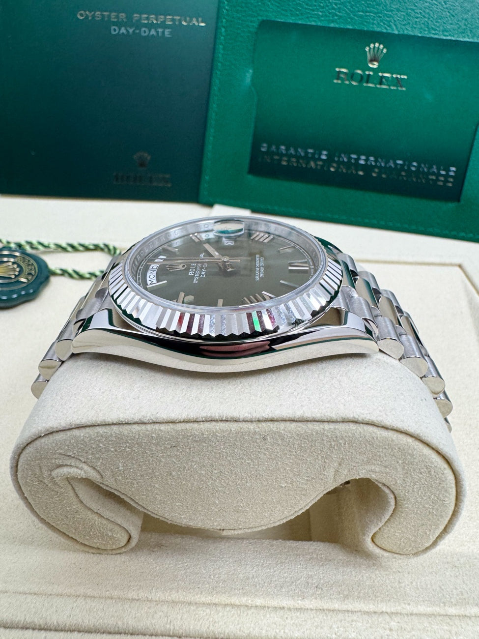 Rolex Day-Date "President" 40mm Platinum Green Olive Roman Dial - 228236 - New