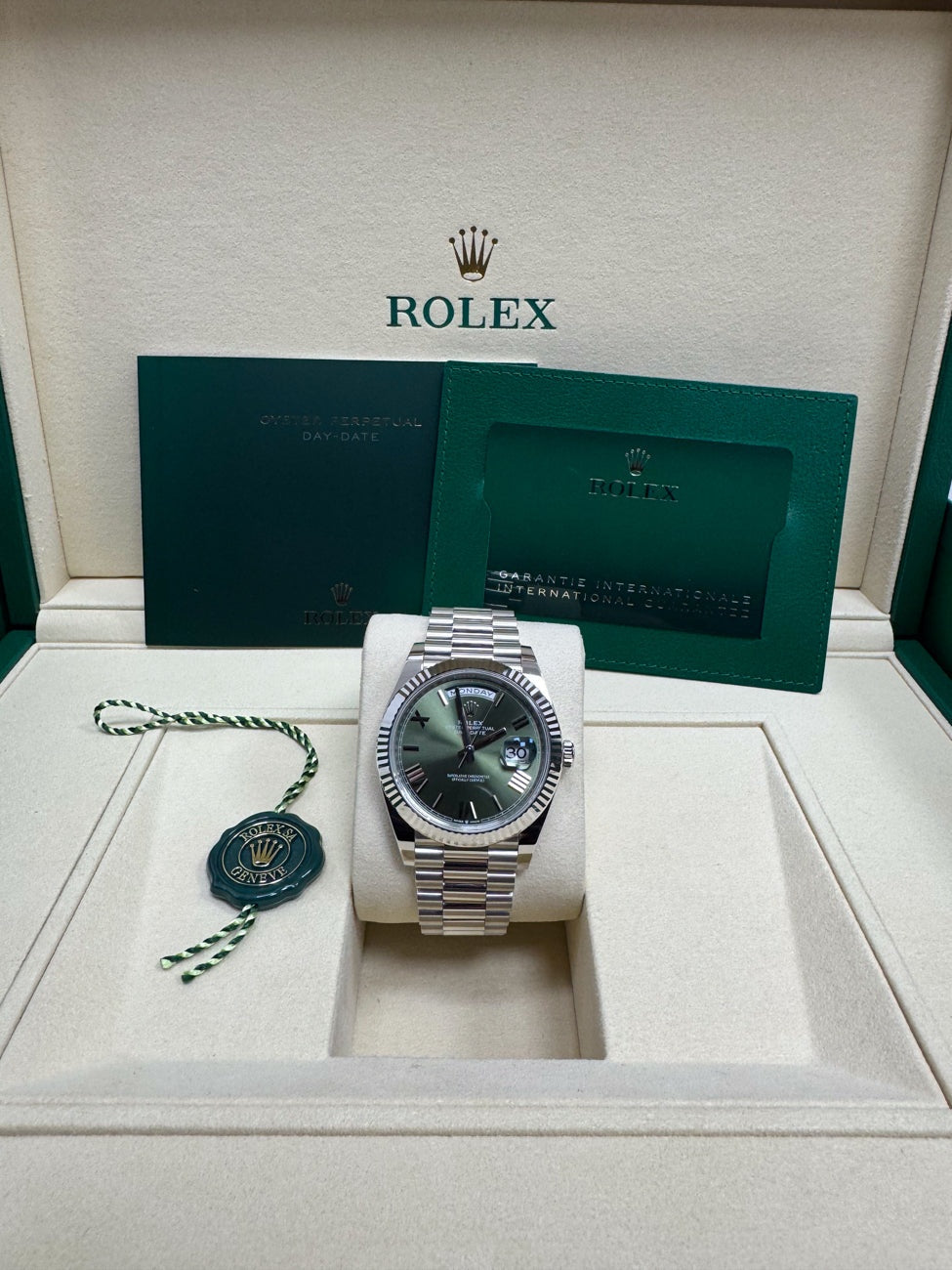 Rolex Day-Date "President" 40mm Platinum Green Olive Roman Dial - 228236