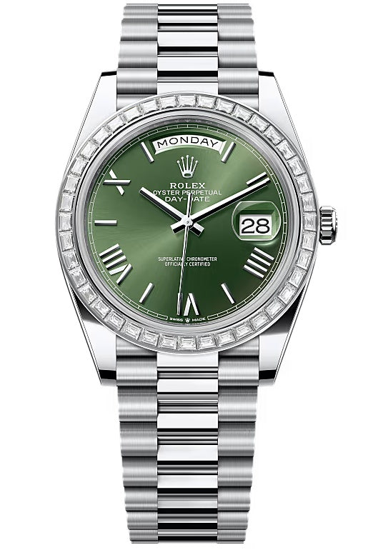 Rolex Day-Date "President" 40mm Platinum Green Olive Roman Dial Trapeze