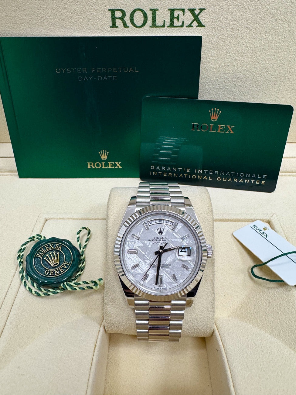 Rolex Day-Date "President" 40mm Platinum Meteorite Diamond Baguette Dial