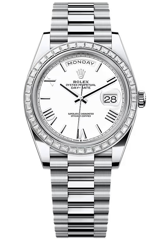 Rolex Day-Date "President" 40mm Platinum White Roman Dial Trapeze Diamond Bezel