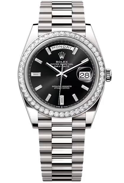 Rolex Day-Date "President" 40mm White Gold Black Diamond Baguette Dial Diamond