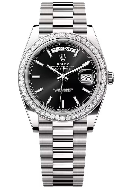 Rolex Day-Date "President" 40mm White Gold Black Index Dial Diamond Bezel