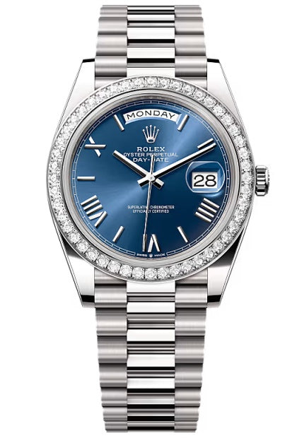 Rolex Day-Date "President" 40mm White Gold Blue Roman Dial Diamond Bezel