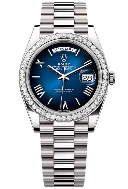 Rolex Day-Date "President" 40mm White Gold Blue Roman Ombre Dial Diamond Bezel