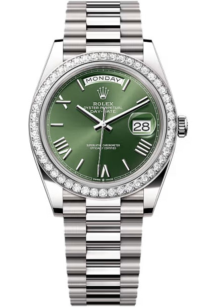Rolex Day-Date "President" 40mm White Gold Green Roman Dial Diamond Bezel