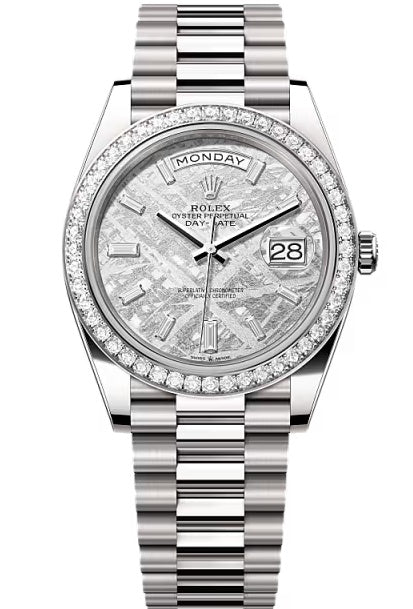 Rolex Day-Date “President” 40mm White Gold Meteorite Diamond Baguette Dial
