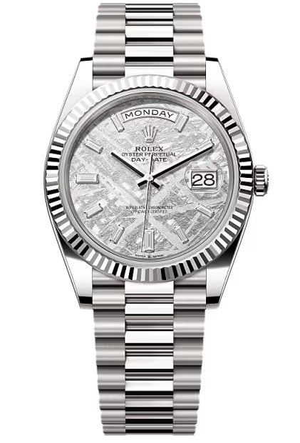 Rolex Day-Date "President" 40mm White Gold Meteorite Diamond Baguette Dial