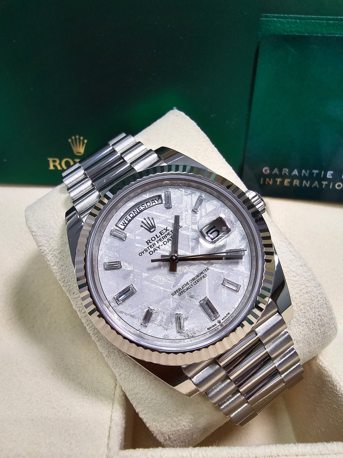 Rolex Day-Date "President" 40mm White Gold Meteorite Diamond Baguette Dial