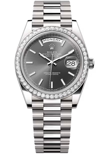 Rolex Day-Date "President" 40mm White Gold Rhodium Index Dial Diamond Bezel