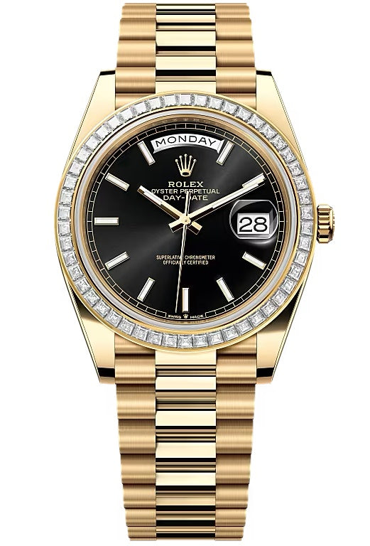 Rolex Day-Date "President" 40mm Yellow Gold Black Index Dial Trapeze Diamond