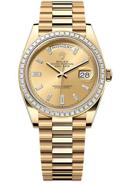 Rolex Day-Date "President" 40mm Yellow Gold Champagne Diamond Baguette Dial