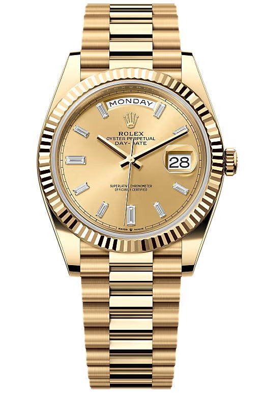 Rolex Day-Date "President" 40mm Yellow Gold Champagne Diamond Baguette Dial