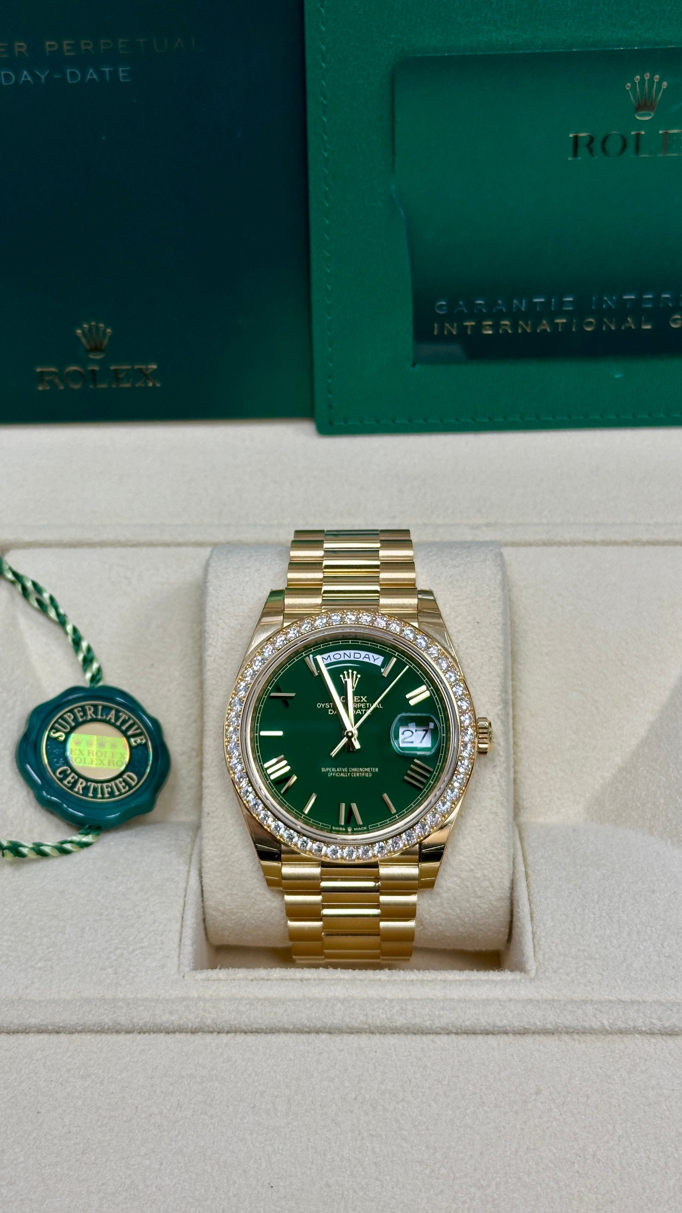 Rolex Day-Date "President" 40mm Yellow Gold Green Roman Dial Diamond Bezel -