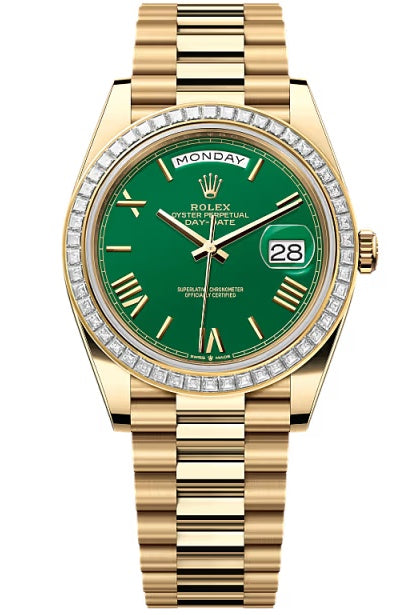 Rolex Day-Date "President" 40mm Yellow Gold Green Roman Dial Trapeze Diamond