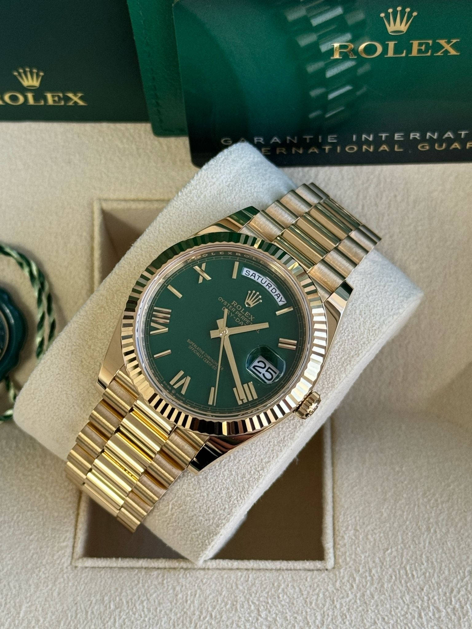 Rolex Day-Date "President" 40mm Yellow Gold Green Roman "Money" Dial - 228238