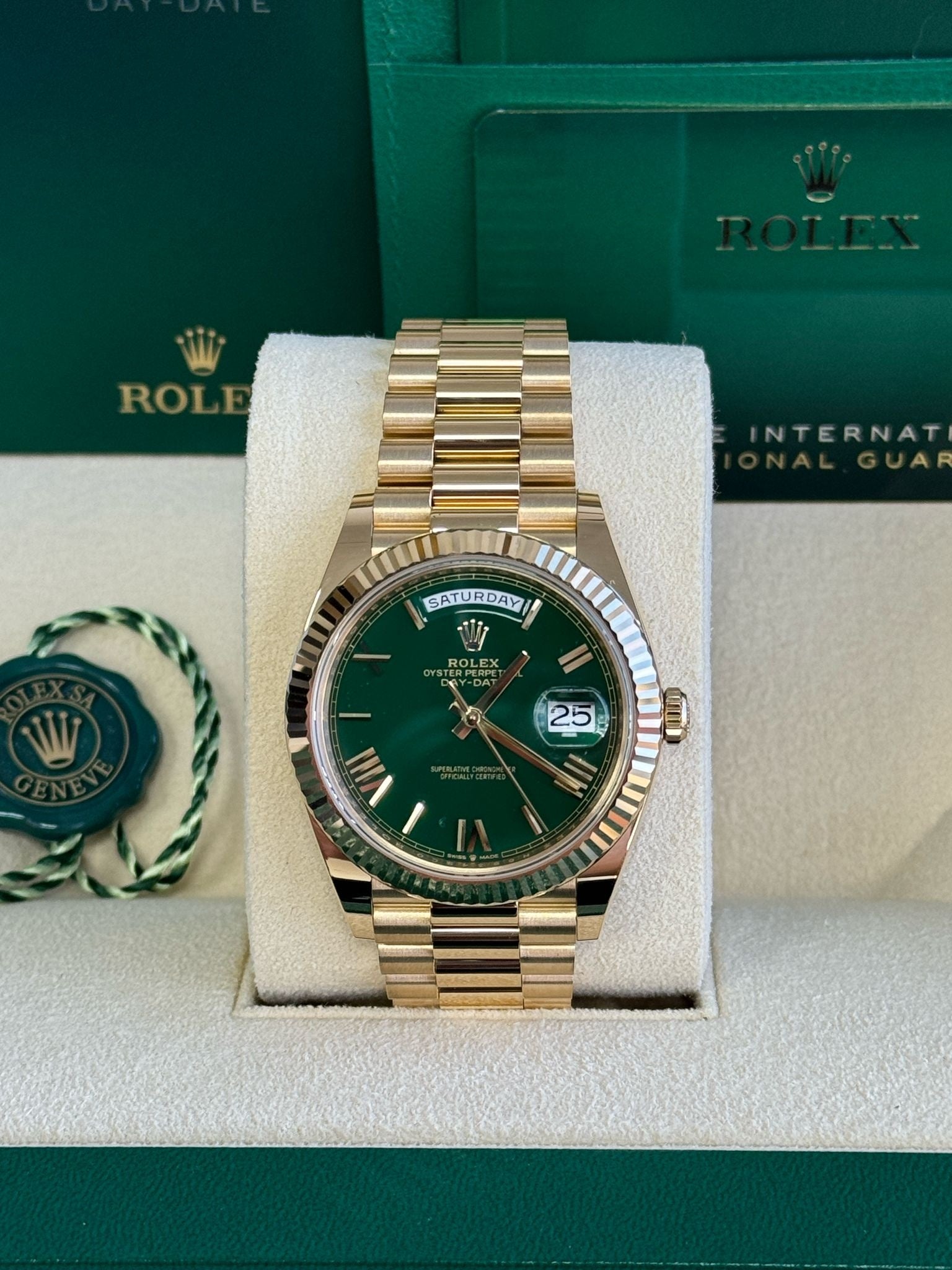 Rolex Day-Date "President" 40mm Yellow Gold Green Roman "Money" Dial - 228238