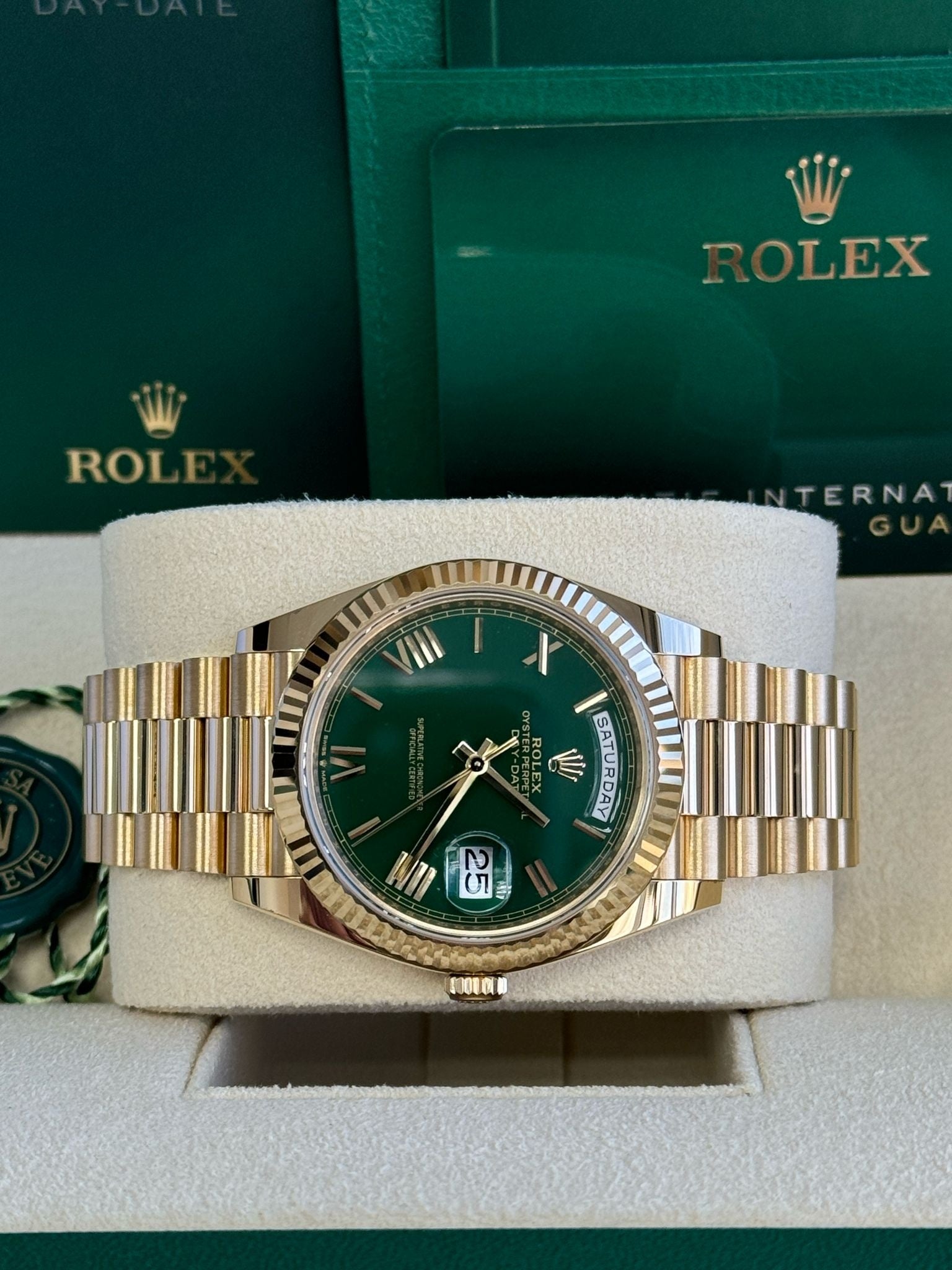 Rolex Day-Date "President" 40mm Yellow Gold Green Roman "Money" Dial - 228238