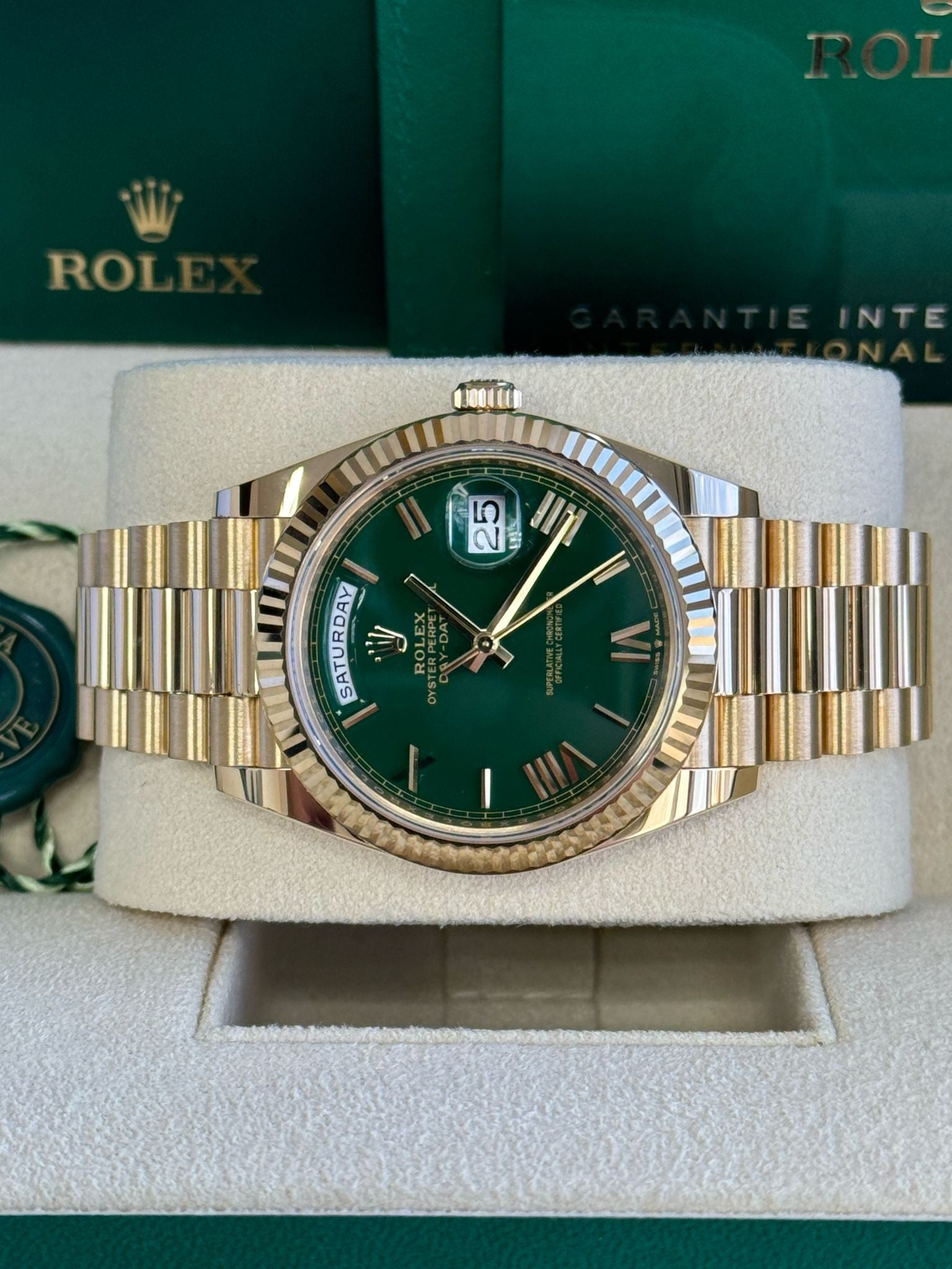 Rolex Day-Date "President" 40mm Yellow Gold Green Roman "Money" Dial - 228238