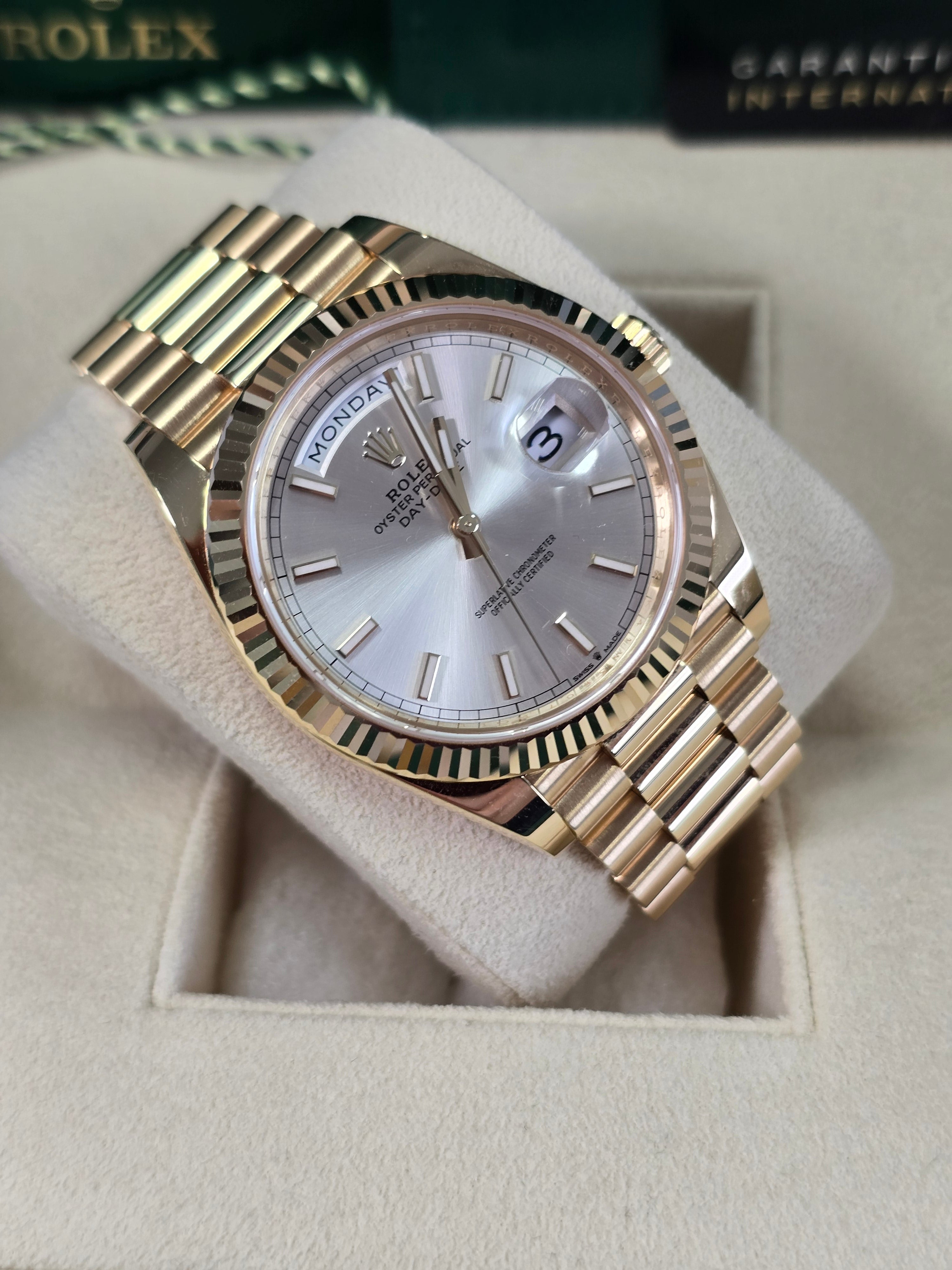 Rolex Day-Date "President" 40mm Yellow Gold Silver Index Dial - 228238