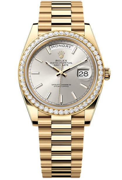 Rolex Day-Date "President" 40mm Yellow Gold Silver Index Dial Diamond Bezel