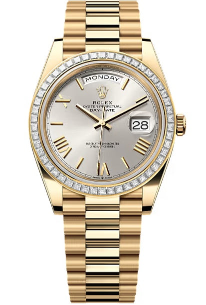 Rolex Day-Date "President" 40mm Yellow Gold Silver Roman Dial Trapeze Diamond