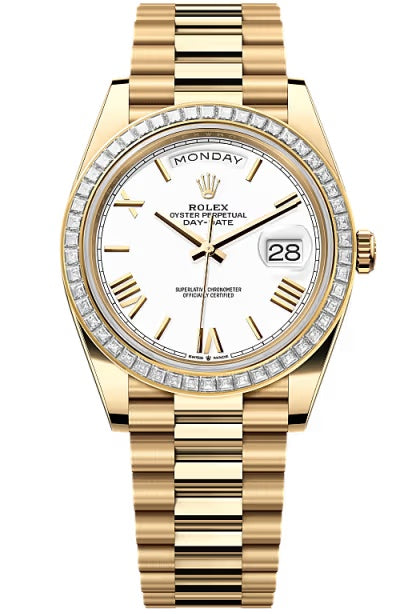 Rolex Day-Date "President" 40mm Yellow Gold White Roman Dial Trapeze Diamond