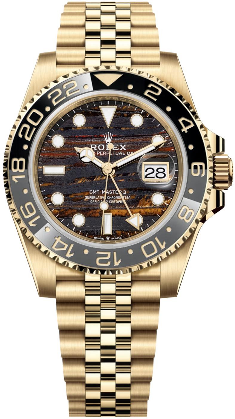 Rolex GMT-Master II 40mm Yellow Gold Tiger Iron Dial Black Bezel Jubilee