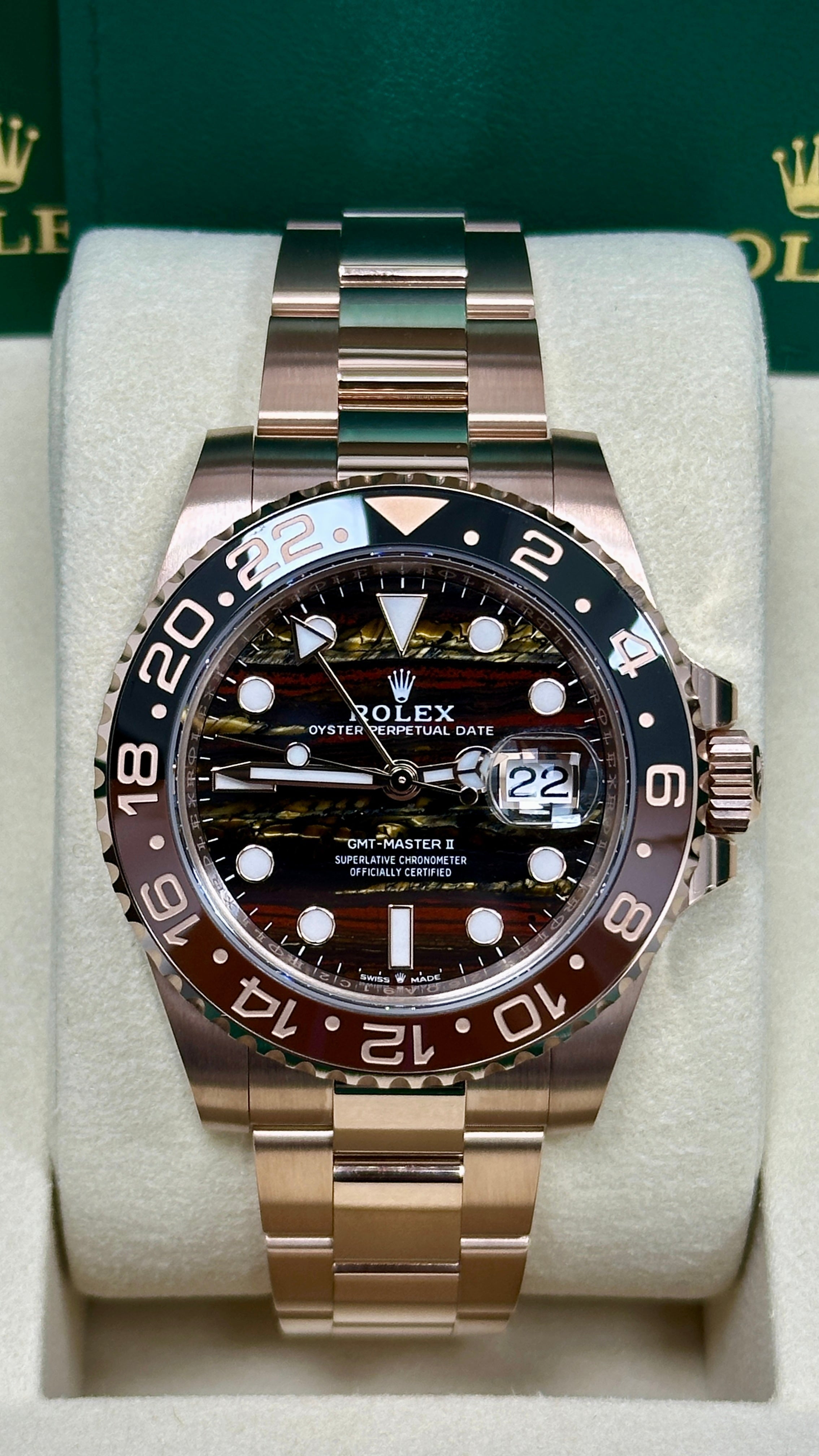 Rolex GMT-Master II "Root Beer" 40mm Everose Gold Tiger Iron Dial Brown and