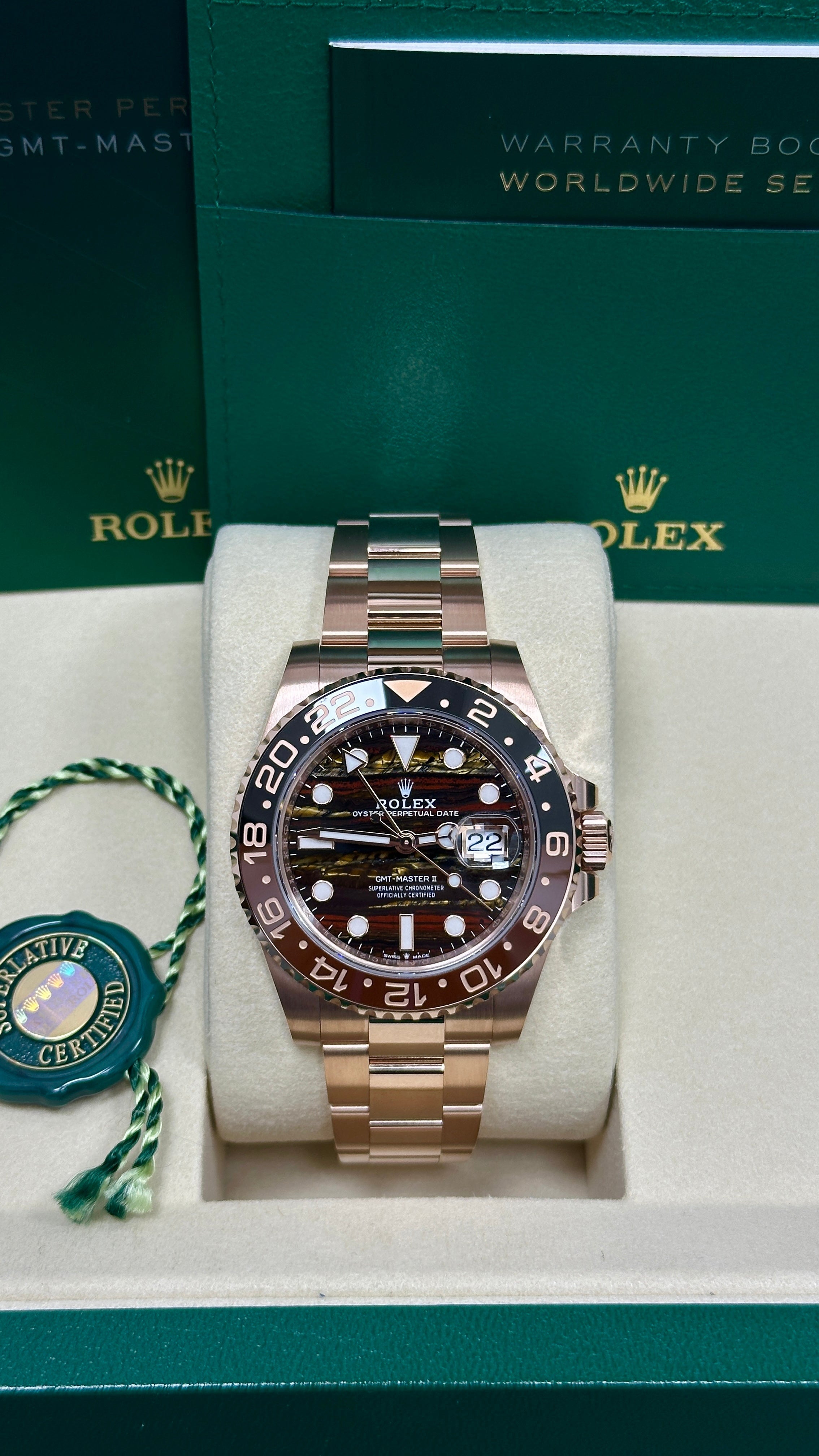 Rolex GMT-Master II "Root Beer" 40mm Everose Gold Tiger Iron Dial Brown and