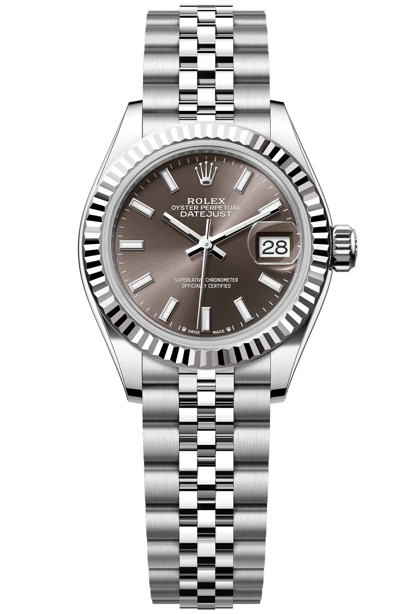 Rolex Lady-Datejust 28mm Dark Grey Index Dial Fluted Bezel Jubilee Bracelet