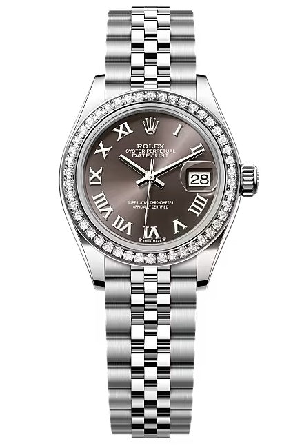 Rolex Lady-Datejust 28mm Dark Grey Roman Dial Diamond Bezel Jubilee Bracelet