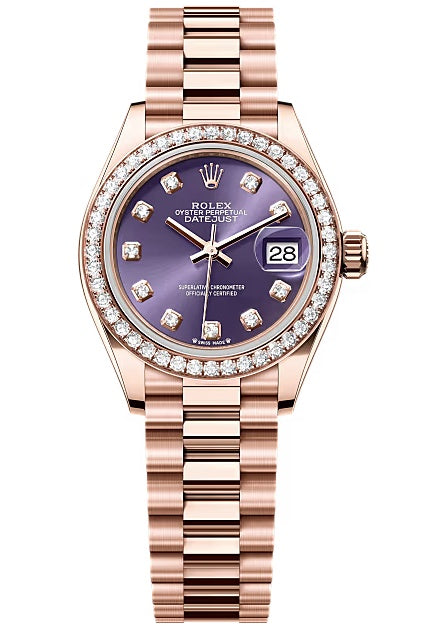 Rolex Lady-Datejust 28mm Everose Gold Aubergine Diamond Dial Diamond-Set Bezel