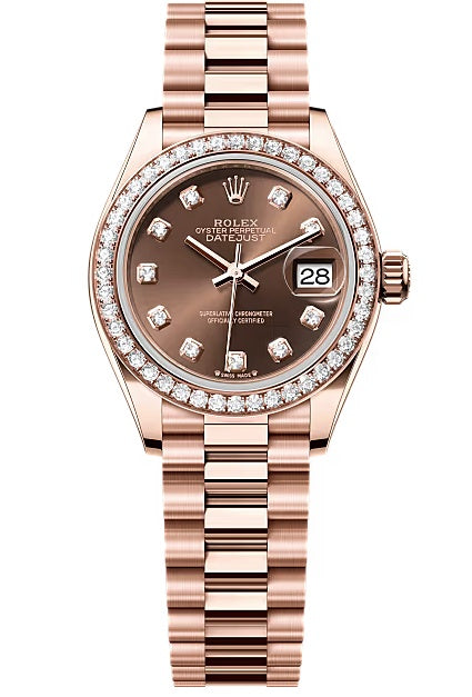 Rolex Lady-Datejust 28mm Everose Gold Chocolate Diamond Dial Diamond-Set Bezel