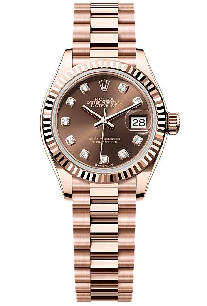 Rolex Lady-Datejust 28mm Everose Gold Chocolate Diamond Dial Fluted Bezel