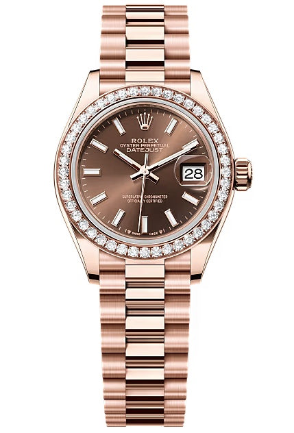Rolex Lady-Datejust 28mm Everose Gold Chocolate Index Dial Diamond Bezel