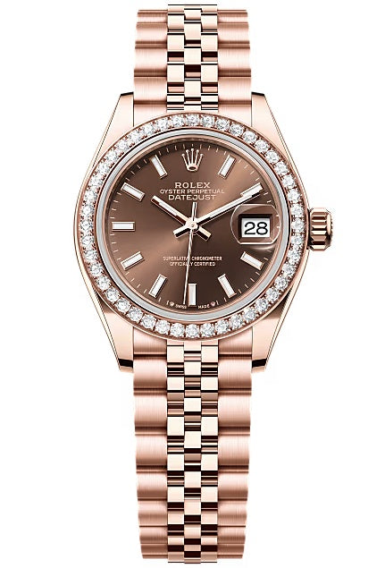 Rolex Lady-Datejust 28mm Everose Gold Chocolate Index Dial Diamond Bezel