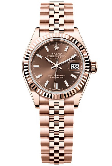 Rolex Lady-Datejust 28mm Everose Gold Chocolate Index Dial Fluted Bezel Jubilee
