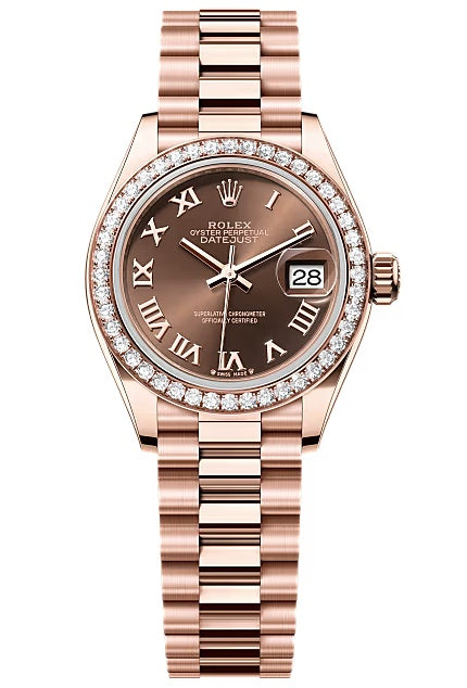 Rolex Lady-Datejust 28mm Everose Gold Chocolate Roman Dial Diamond-Set Bezel