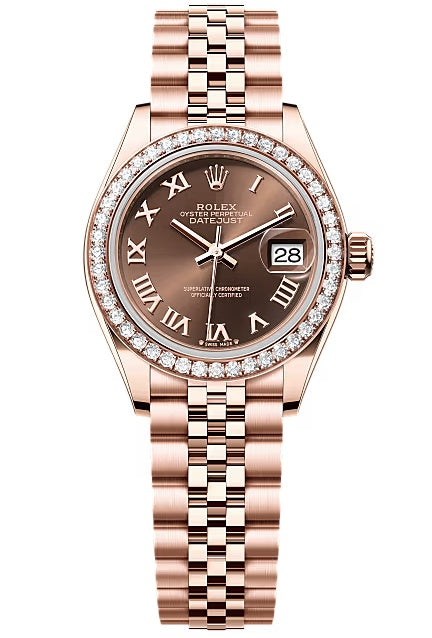 Rolex Lady-Datejust 28mm Everose Gold Chocolate Roman Dial Diamond-Set Bezel