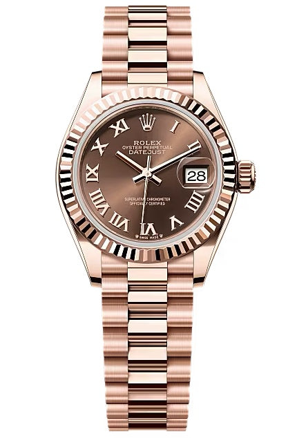 Rolex Lady-Datejust 28mm Everose Gold Chocolate Roman Dial Fluted Bezel