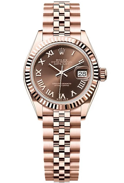 Rolex Lady-Datejust 28mm Everose Gold Chocolate Roman Dial Fluted Bezel Jubilee